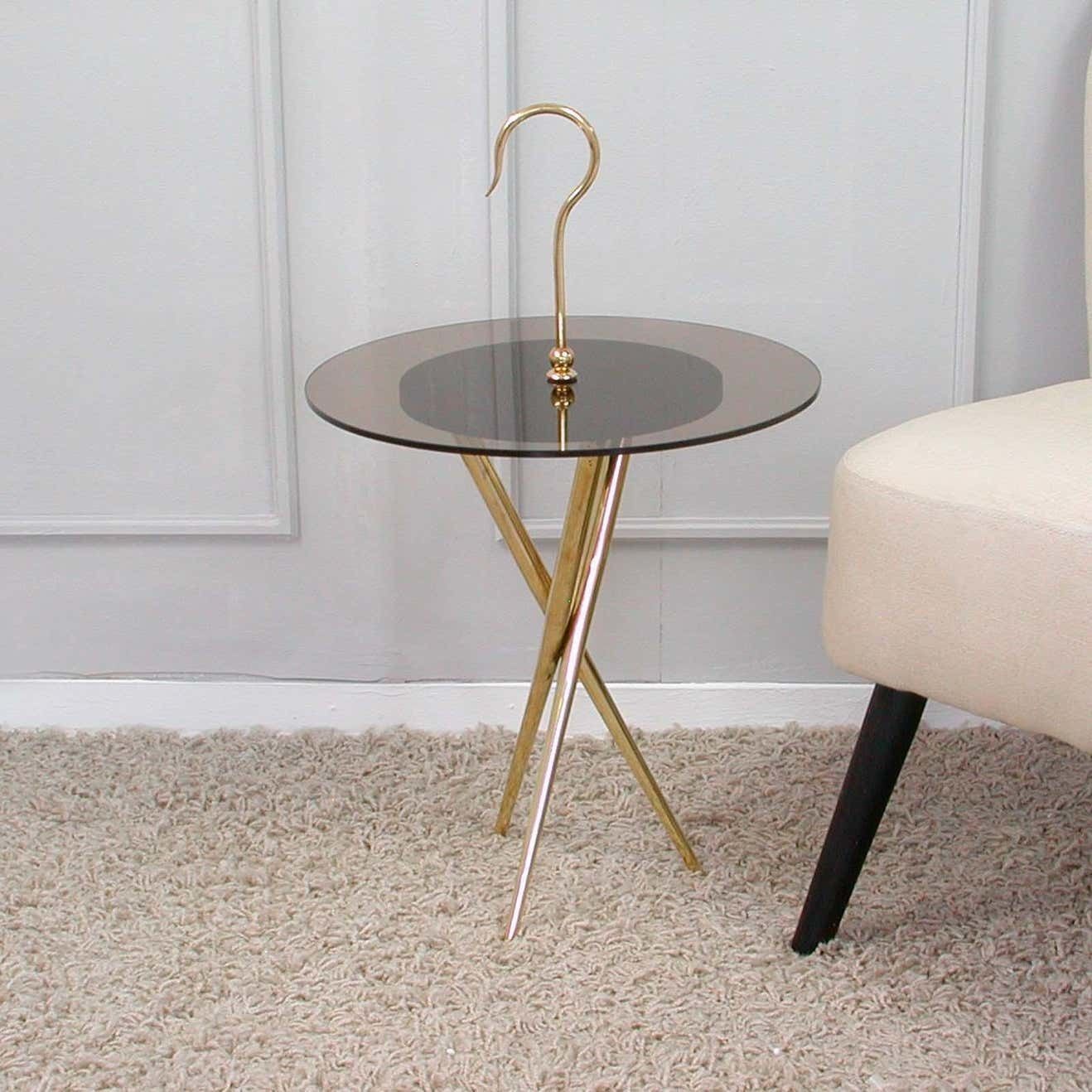 photo for sale Italian Midcentury Brass And Tinted Glass Occasional Table, 1950s