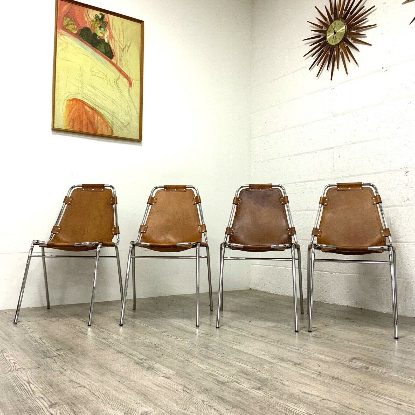 Les Arcs Dining Chairs Charlotte Perriand Leather Set Of Four Cassina 1970s