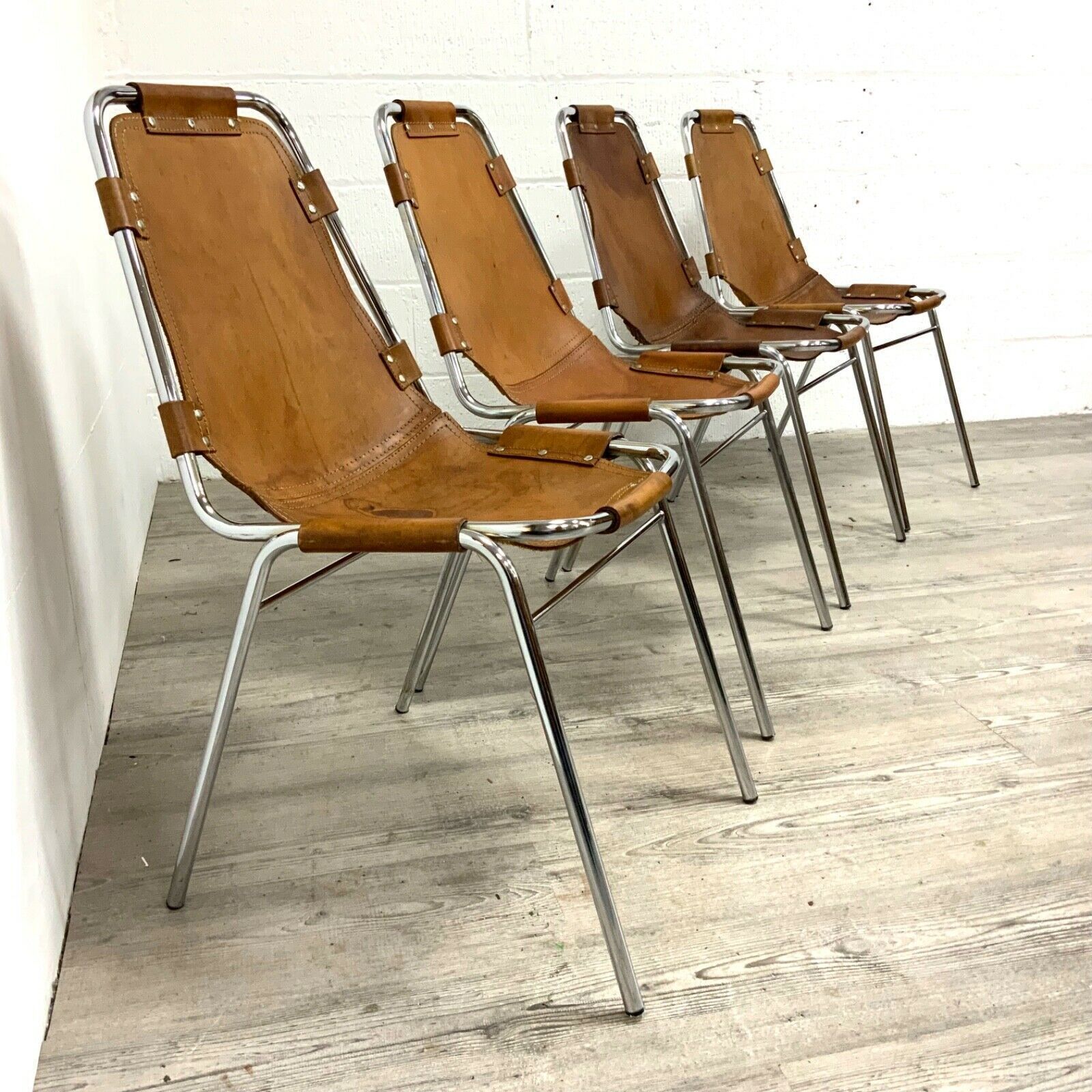 Les Arcs Dining Chairs Charlotte Perriand Leather Set Of Four Cassina 1970s photo furniture