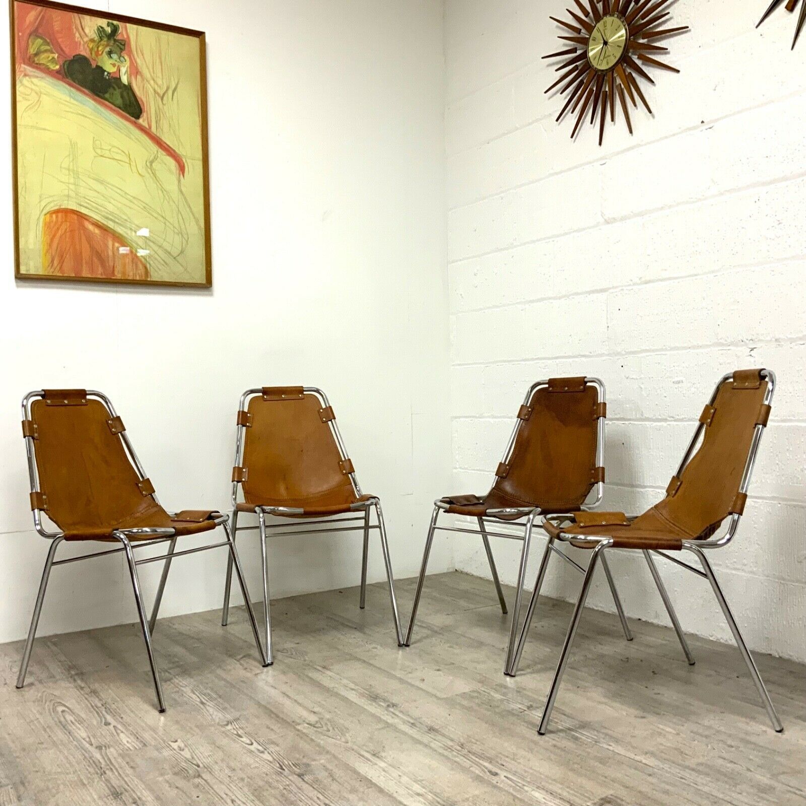Les Arcs Dining Chairs Charlotte Perriand Leather Set Of Four Cassina 1970s photo 3750.0