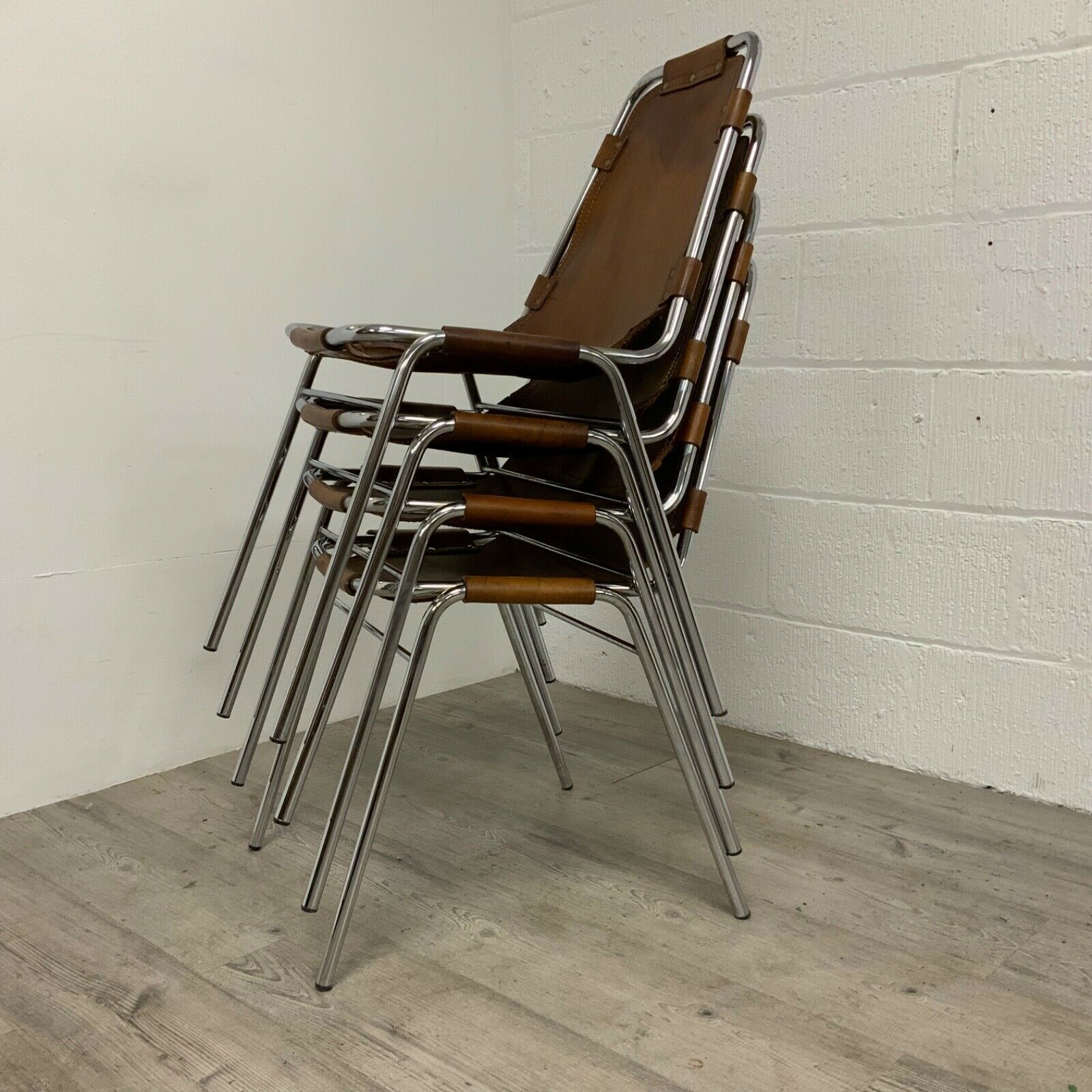 3750.0 Les Arcs Dining Chairs Charlotte Perriand Leather Set Of Four Cassina 1970s photo