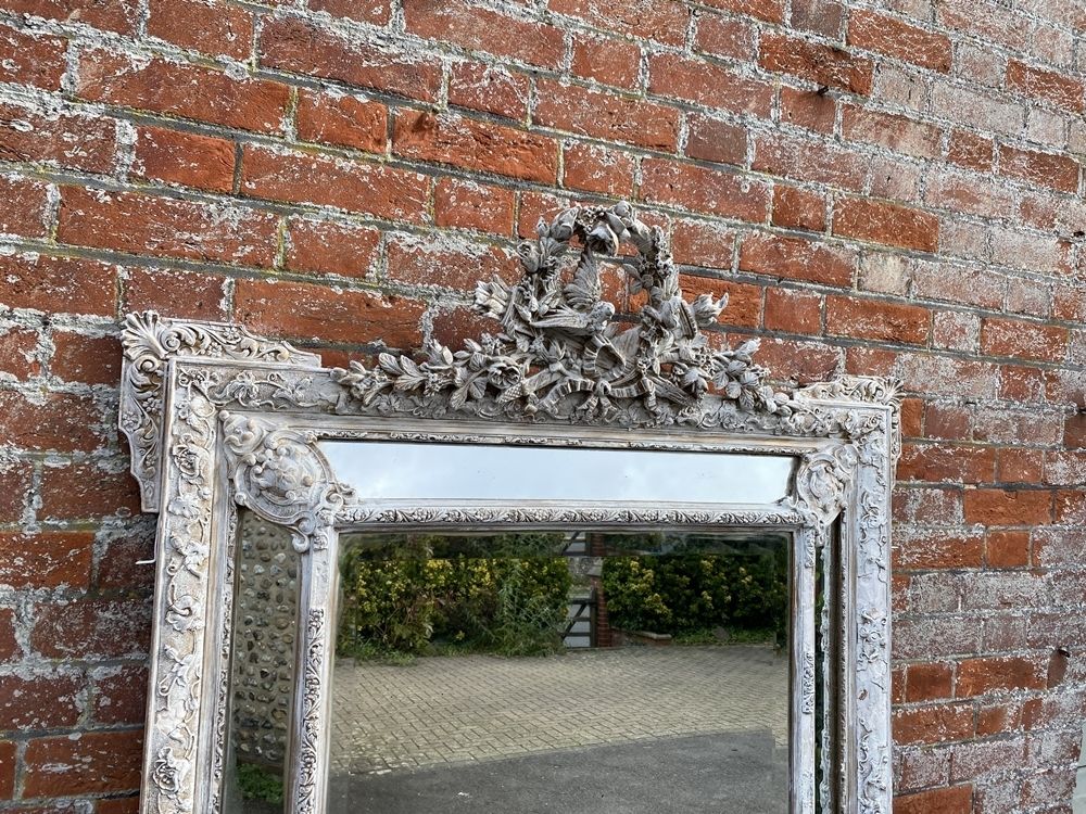 A Stunning Large Antique French 19th Century Carved Wood & Gesso Distressed Painted Cushion Mirror. photo furniture