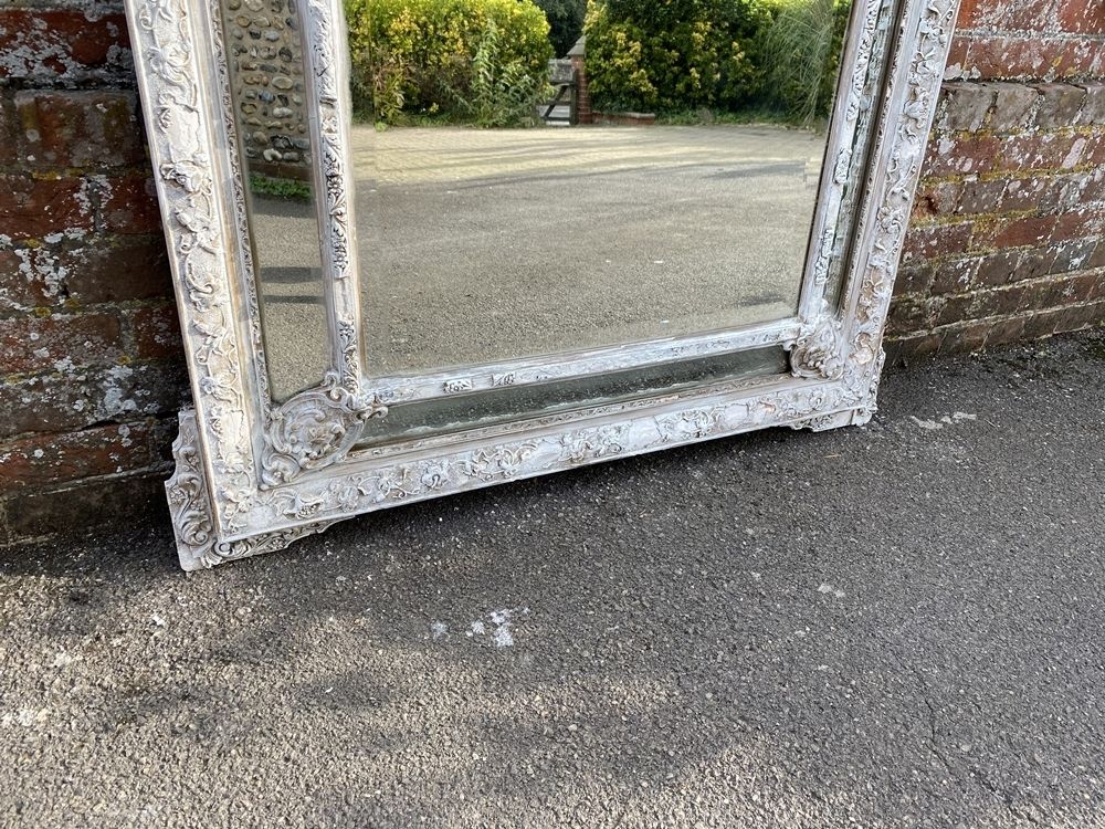 A Stunning Large Antique French 19th Century Carved Wood & Gesso Distressed Painted Cushion Mirror. photo for sale
