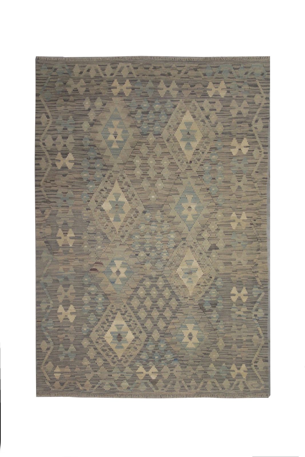 New Traditional Geometric Kilim Bold Handmade Beige Blue Area Rug  124x182cm