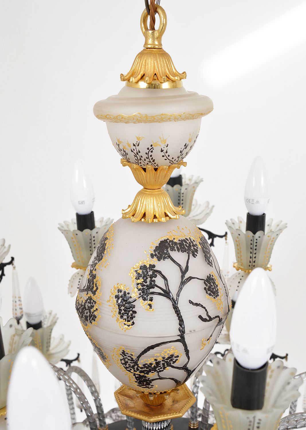 photo for sale Pair Large 1970s Italian Venetian Glass Gilt 24 Bulb Belle Epoque Chandeliers Decorative Interior Design Hotel