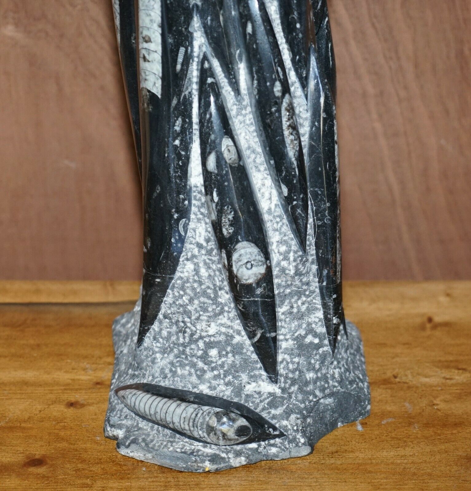 photo for sale Pair Of Large 395 Million Year Old Fossilized Orthoceras Marble Finish Statues