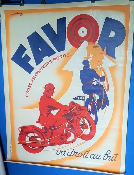 Mid Century Retro Vintage Wardrobe Largefavor Bicycles & Motorcycles, Original French Poster 1937 photo furniture