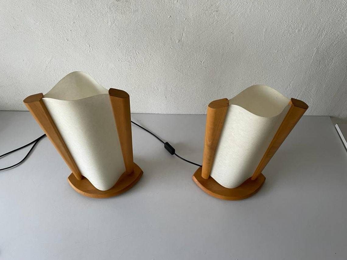 Plastic Paper And Wood Frame Pair Of Table Lamps By Domus 1980s Italy photo Lighting