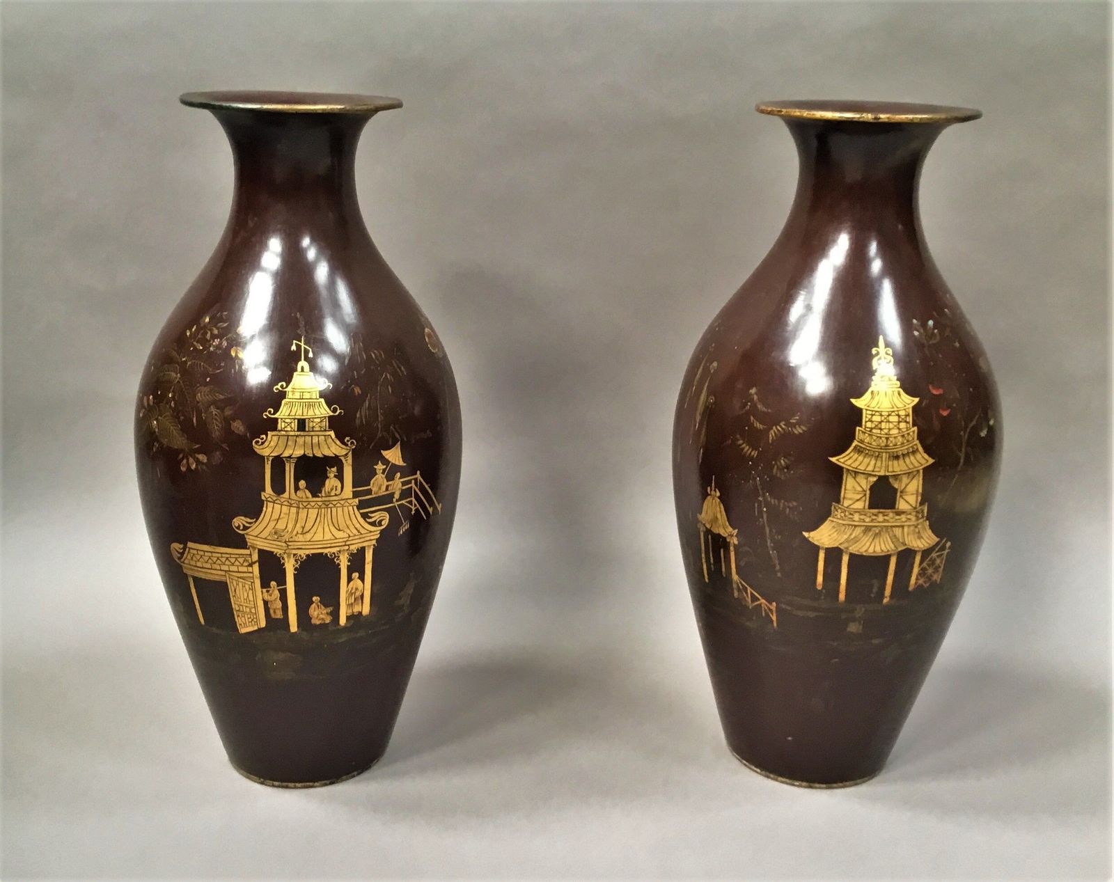 19th Pair Of Lacquered Papier Mache Vases By Jennens & Bettridge photo for sale