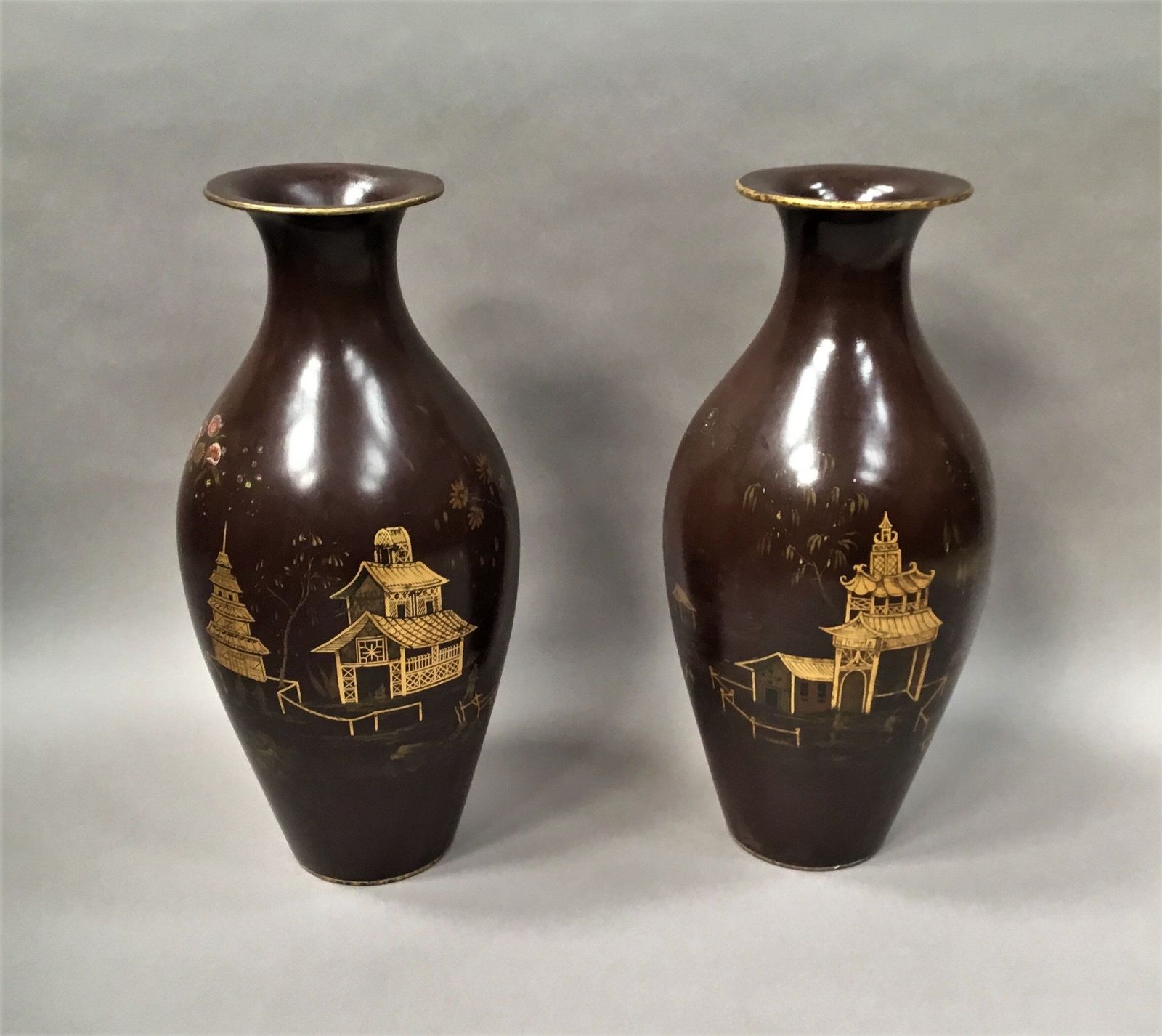 photo for sale 19th Pair Of Lacquered Papier Mache Vases By Jennens & Bettridge