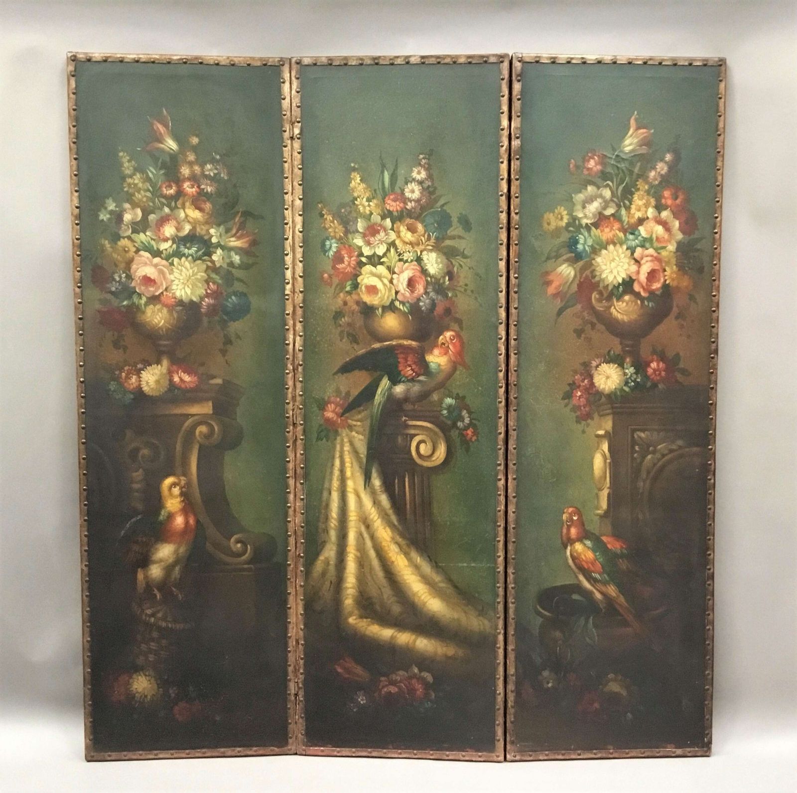C19th Painted Leather Three Fold Screen; photo furniture