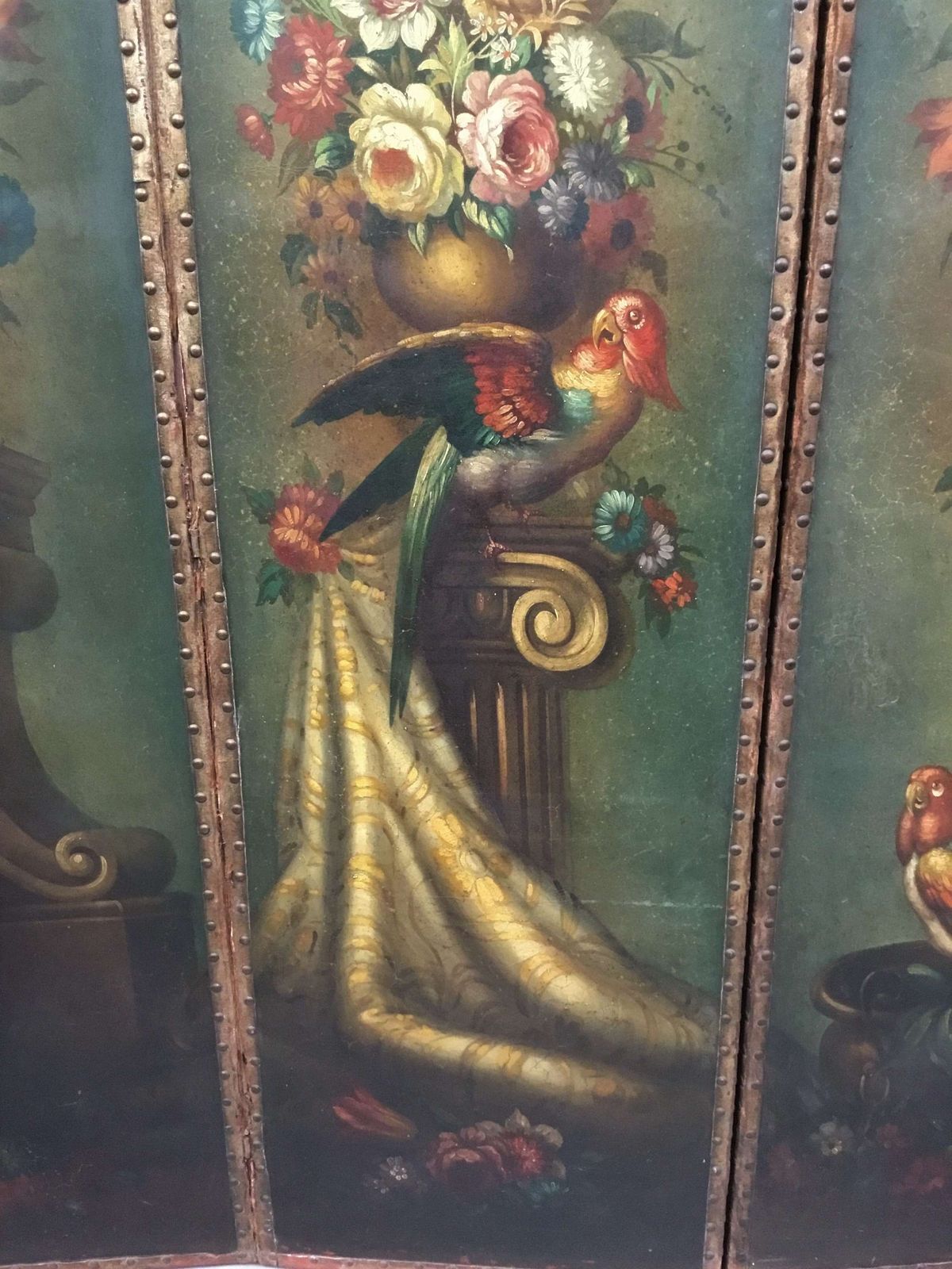 C19th Painted Leather Three Fold Screen; photo for sale