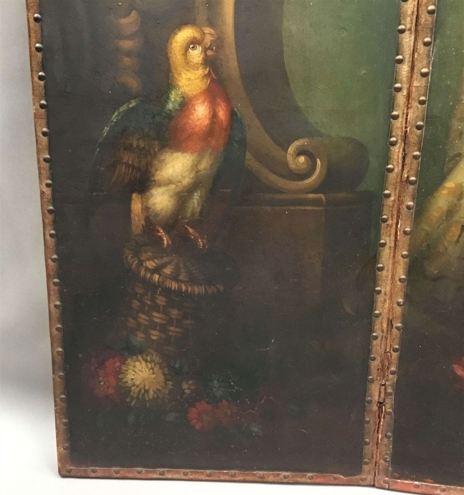 C19th Painted Leather Three Fold Screen; photo 3190.0
