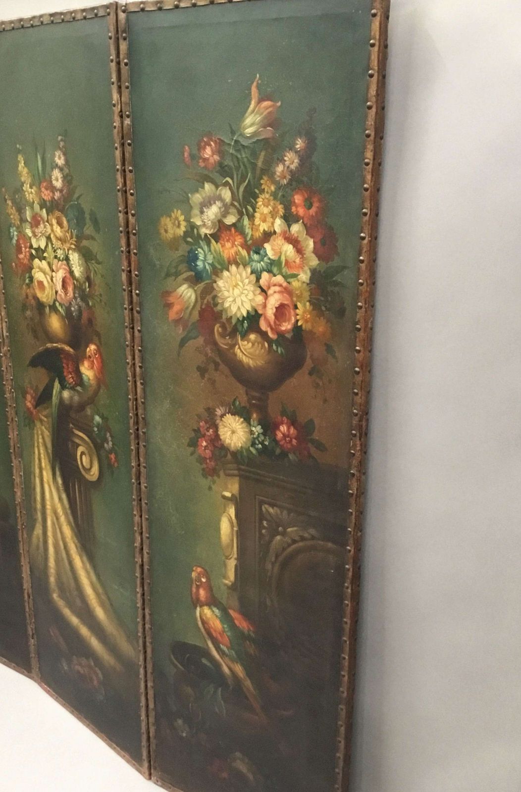 photo buy C19th Painted Leather Three Fold Screen;
