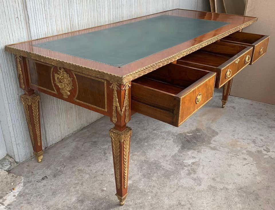 French Louis XVI Style Writing Desk Bureauplatt, Bronze Gilt Mounts Leather Top photo vintage