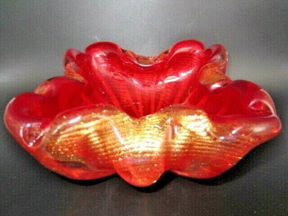 24k Gold Rope Art Glass Bowl Barovier Toso Square Murano Red Xxl Cordonato Doro photo for sale