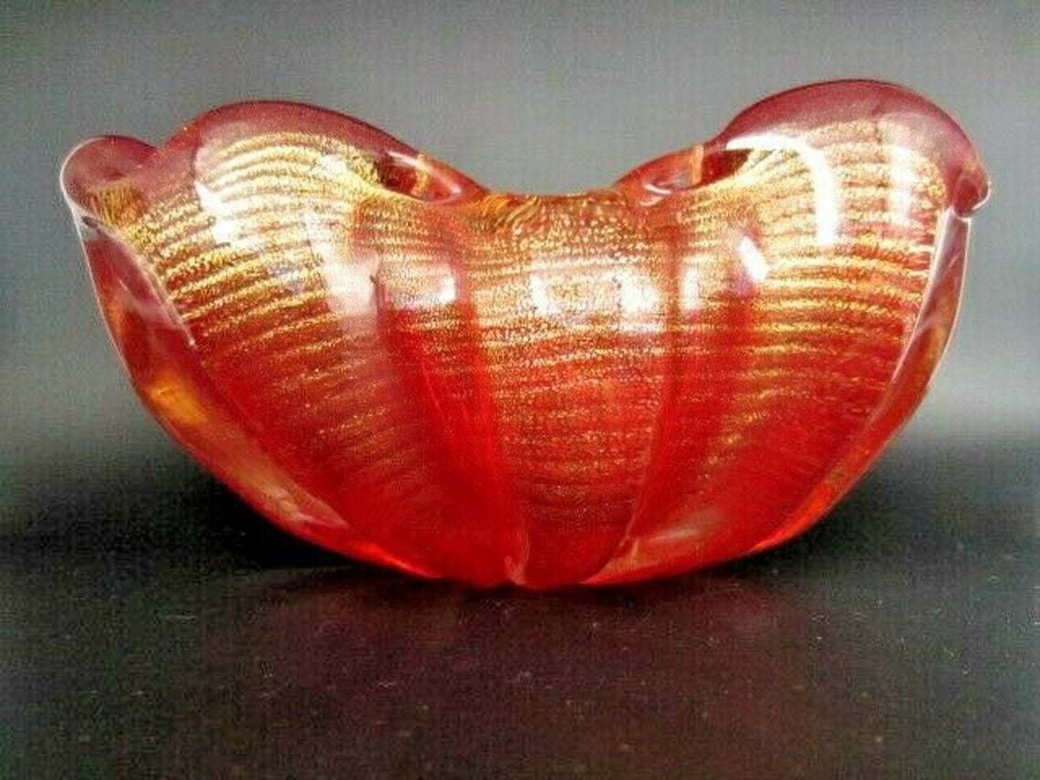 253.0 24k Gold Rope Art Glass Bowl Barovier Toso Square Murano Red Xxl Cordonato Doro photo