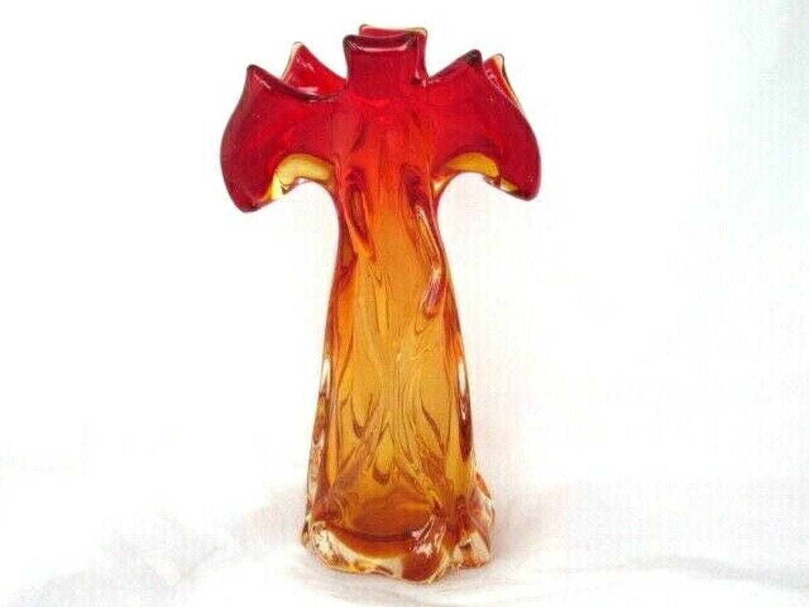 Urano Abstract Art Glass Palm Tree Vase Red Amberina Gold Italy C50s Vintage