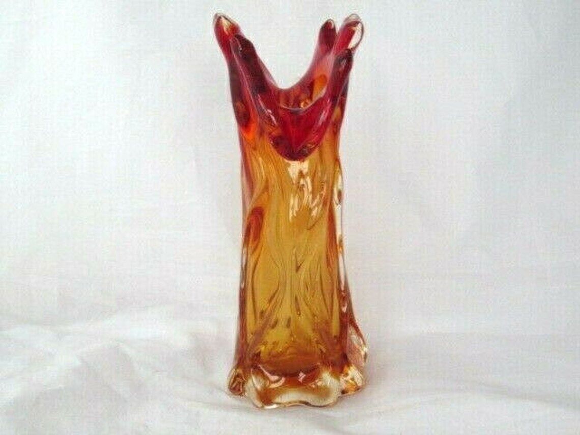 Urano Abstract Art Glass Palm Tree Vase Red Amberina Gold Italy C50s Vintage photo vintage
