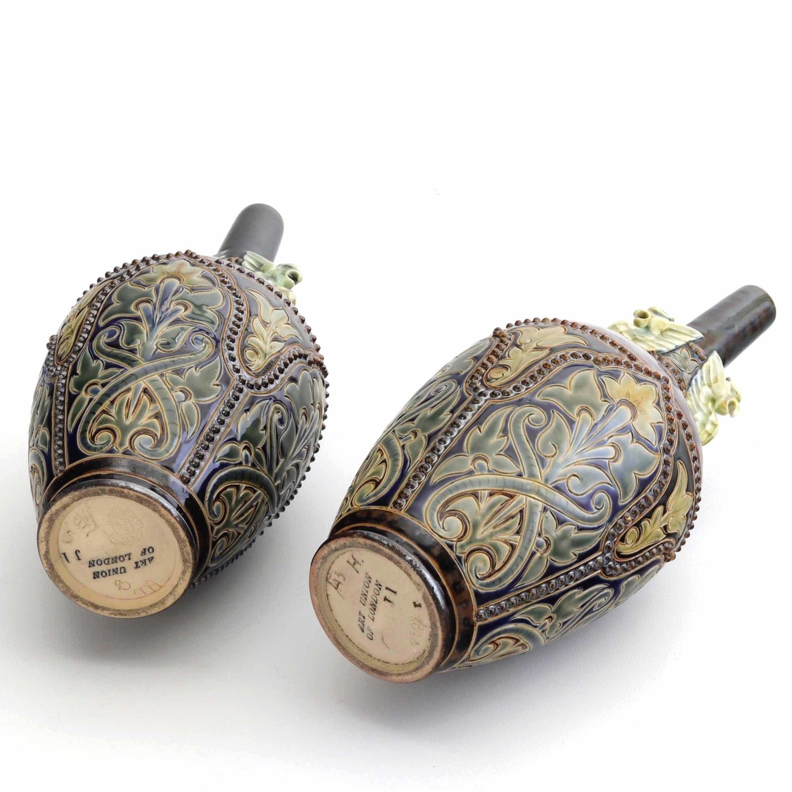 Pair Of Doulton Lambeth Bottle Vases With Applied Griffins By Frank Butler C1885 photo vintage