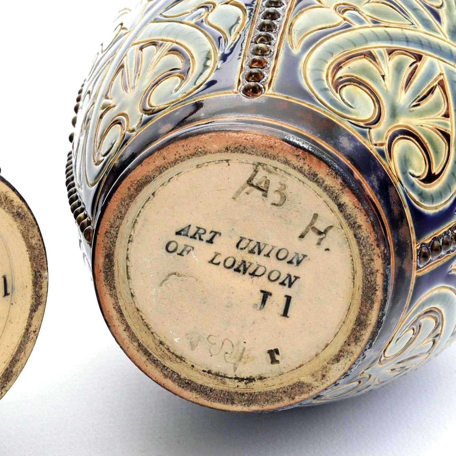 photo for sale Pair Of Doulton Lambeth Bottle Vases With Applied Griffins By Frank Butler C1885