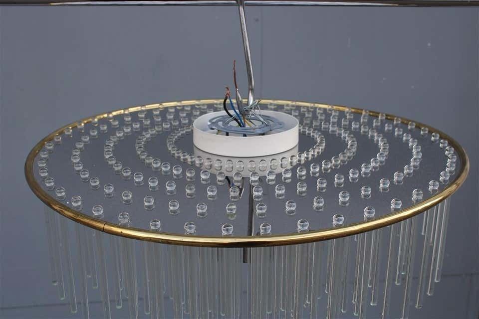 Sciolari Round Brass And Steel Minimal Chandelier Italian Design Crystall, 1960 photo vinterior