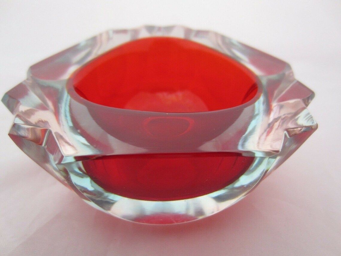 Murano Poli Seguso Era Red In Blue Faceted Sommerso Art Glass Geode Bowl photo 104.0