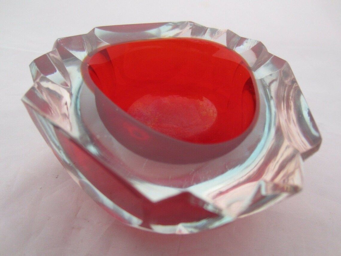 Murano Poli Seguso Era Red In Blue Faceted Sommerso Art Glass Geode Bowl photo vintage