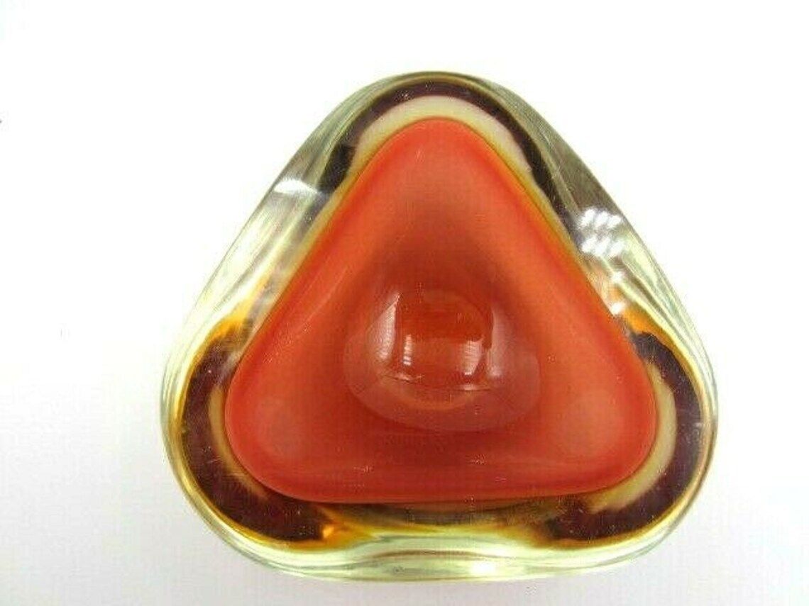 Murano Poli Seguso Era Xl Amber / Amber Art Glass Mid Century Tricorn Geode Bowl photo vinterior