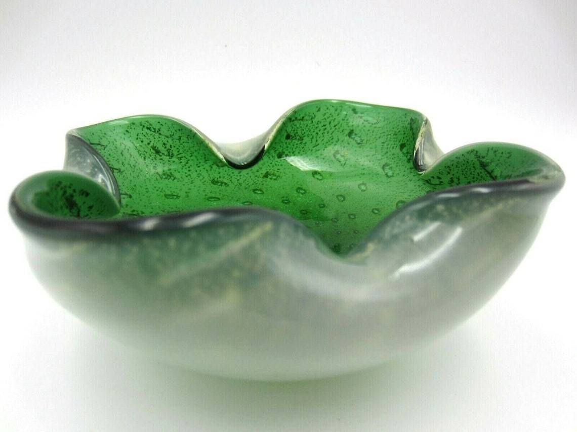 Stunning Barbini Green Murano Art Glass Bullicante, Aventurine And Opline Bowl photo furniture