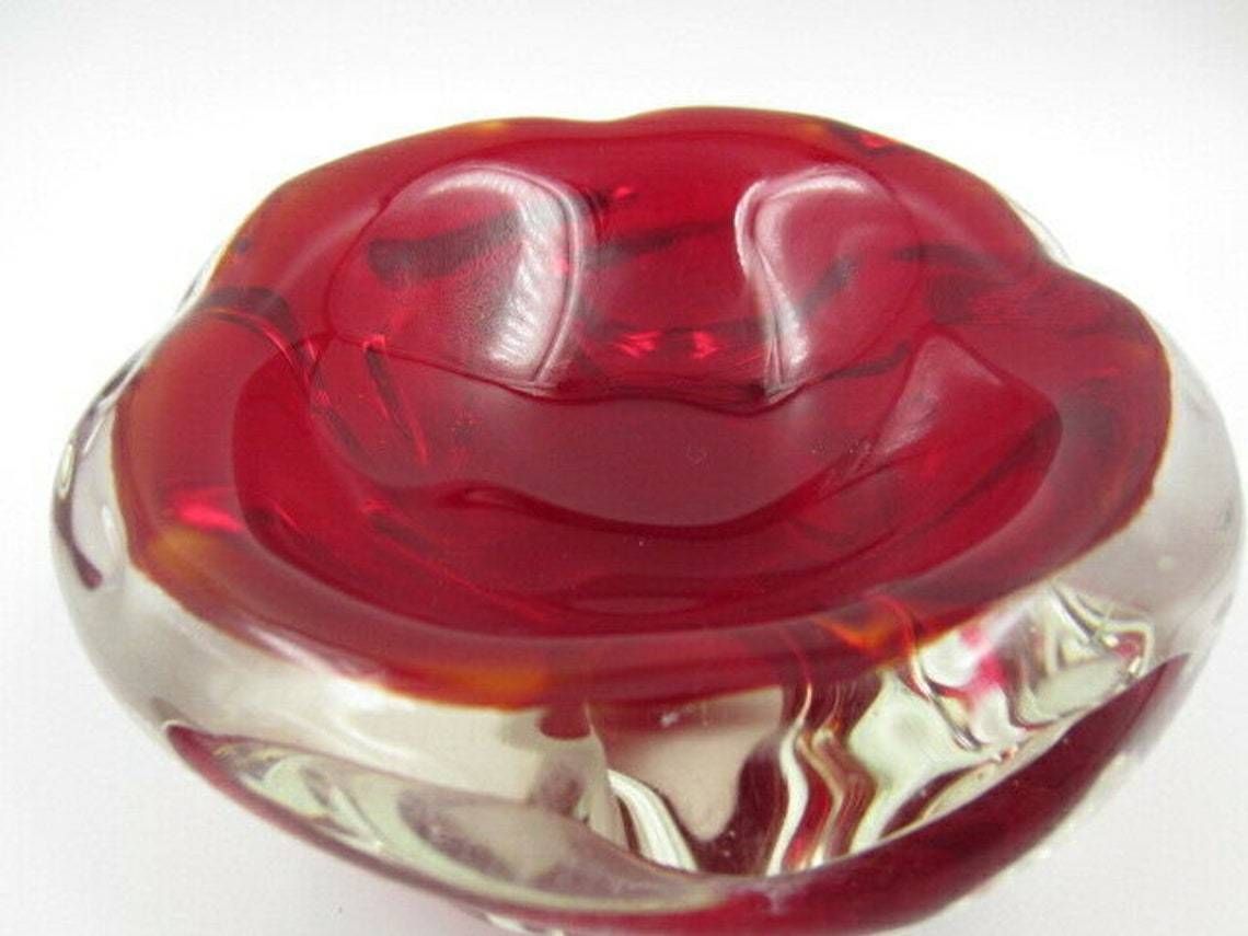 Fiery Red Archimedes Seguso Sommerso Art Glass Jelly Mould Bowl Murano 50s