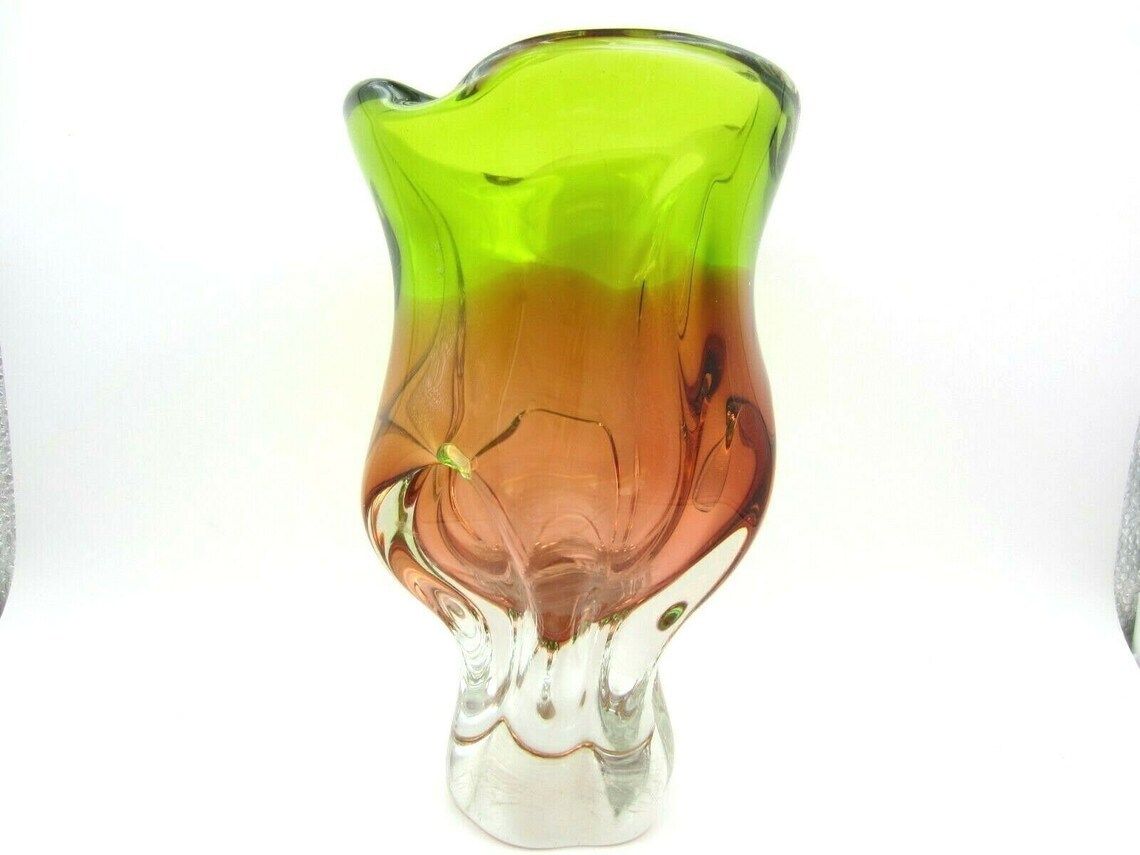 Beautiful Chribska Sommerso Style Art Glass Tulip Vase Vibrant Green And Orange