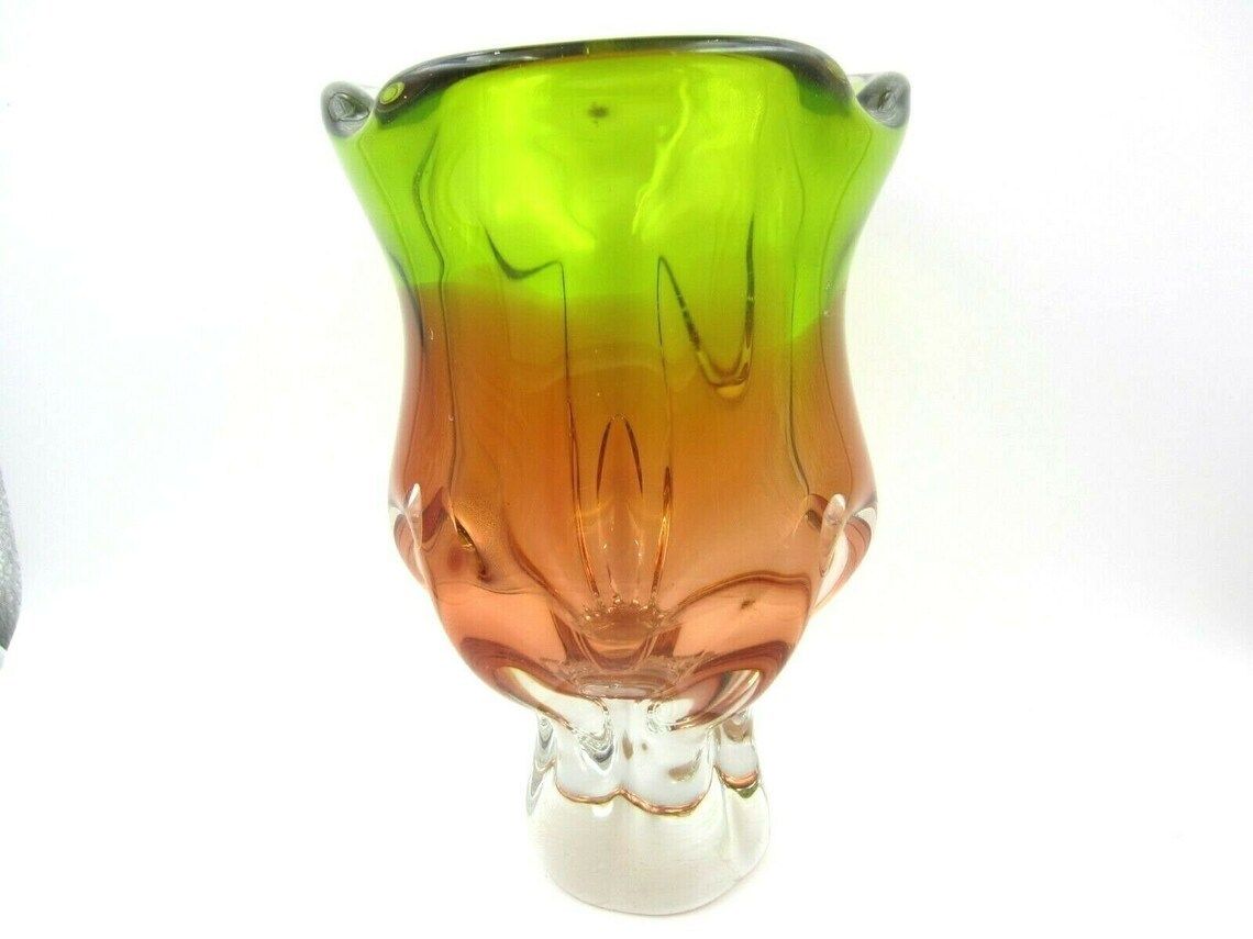 Beautiful Chribska Sommerso Style Art Glass Tulip Vase Vibrant Green And Orange photo 65.0