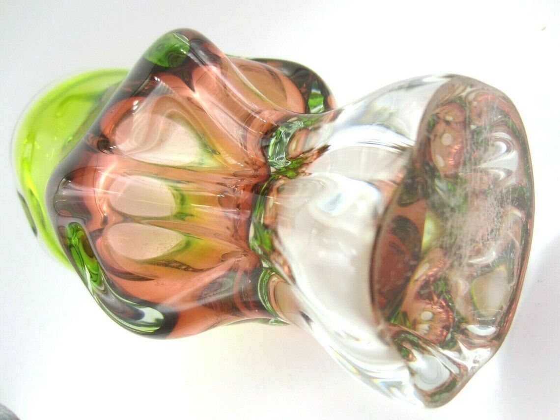 Beautiful Chribska Sommerso Style Art Glass Tulip Vase Vibrant Green And Orange photo buy