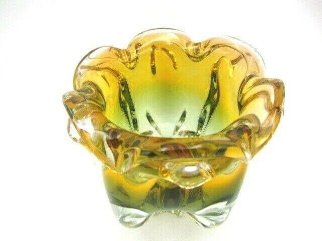 Sommerso Chribska Xxl Organic Footed Round Orange And Green Art Glass Bowl photo for sale