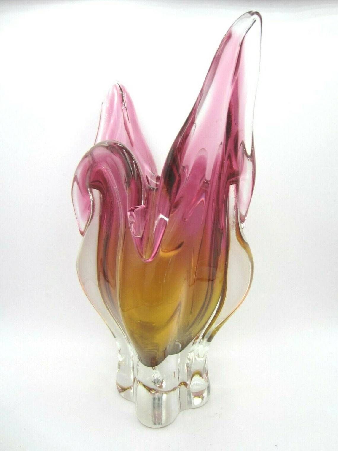 Mid Century Amber And Pink Art Glass Chribska Sommerso Large Cats Head Vase photo for sale