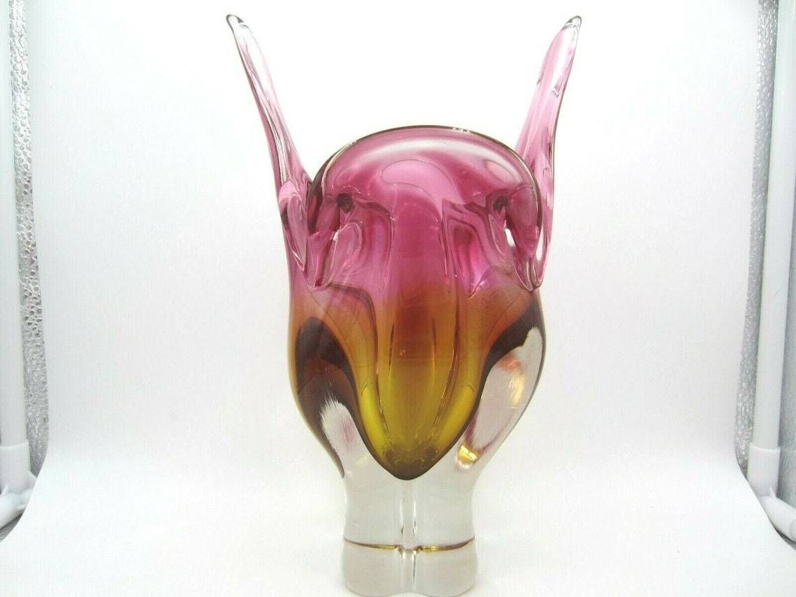 Mid Century Amber And Pink Art Glass Chribska Sommerso Large Cats Head Vase photo 71.0