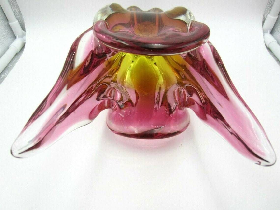 Mid Century Amber And Pink Art Glass Chribska Sommerso Large Cats Head Vase photo vinterior