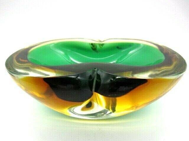 Rare Xxl Poli Seguso Era Murano 1.6kg Art Glass Geode Bowl Sommerso Green And Amber photo vinterior