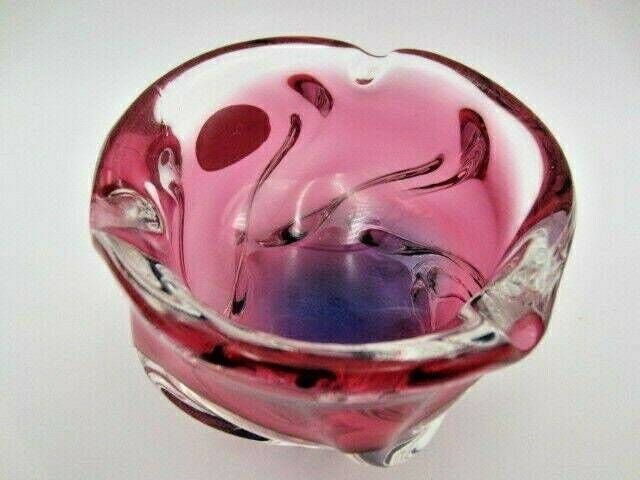 Chribska Organic Footed Round Pink Purple Sommerso Style Art Glass Bowl Label photo vintage