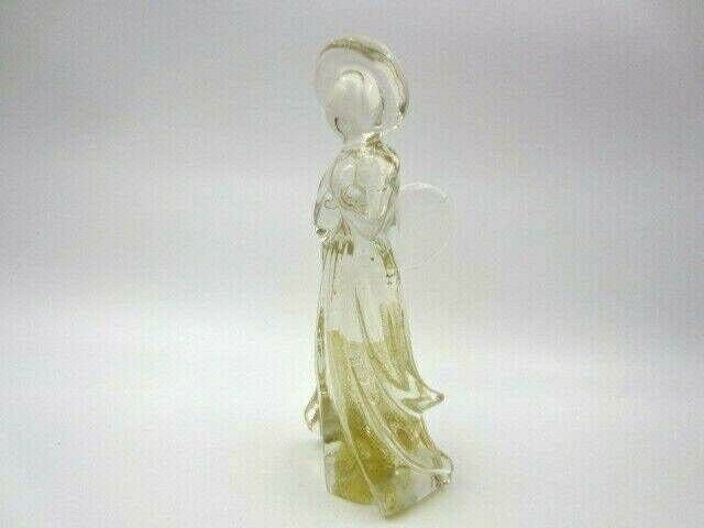 Crystal Praying Winged Angel With Halo Art Glass Statue Figurine Gold Flakes photo for sale