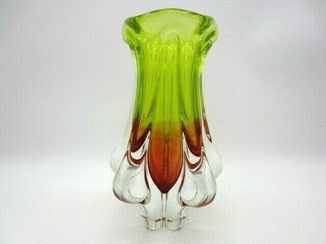Mid Century Vibrant Green And Pink Art Glass Chribska Sommerso Vase