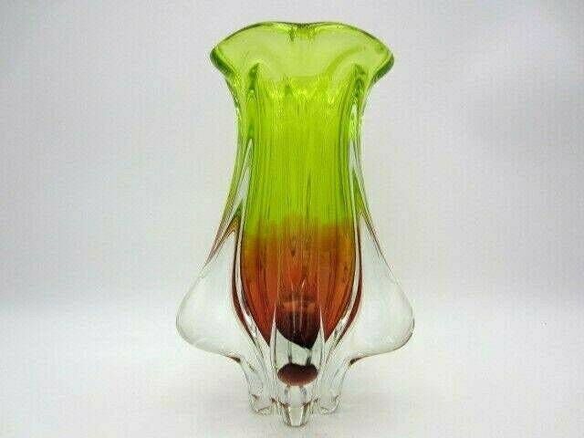 Mid Century Vibrant Green And Pink Art Glass Chribska Sommerso Vase photo furniture