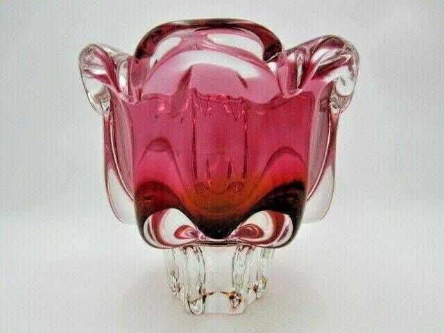 Sommerso Chribska Xxl Organic Foot Round Pink And Amber Art Glass Centrepiece Bowl photo for sale