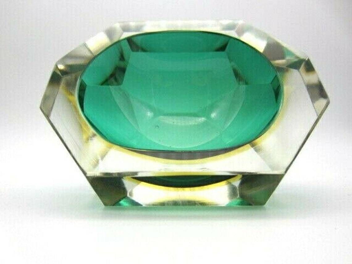 Faceted Green Amber Murano Sommerso Diamond Cut Glass Bowl Poli Mandruzzato Era