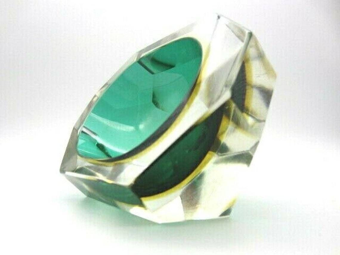 Faceted Green Amber Murano Sommerso Diamond Cut Glass Bowl Poli Mandruzzato Era photo furniture
