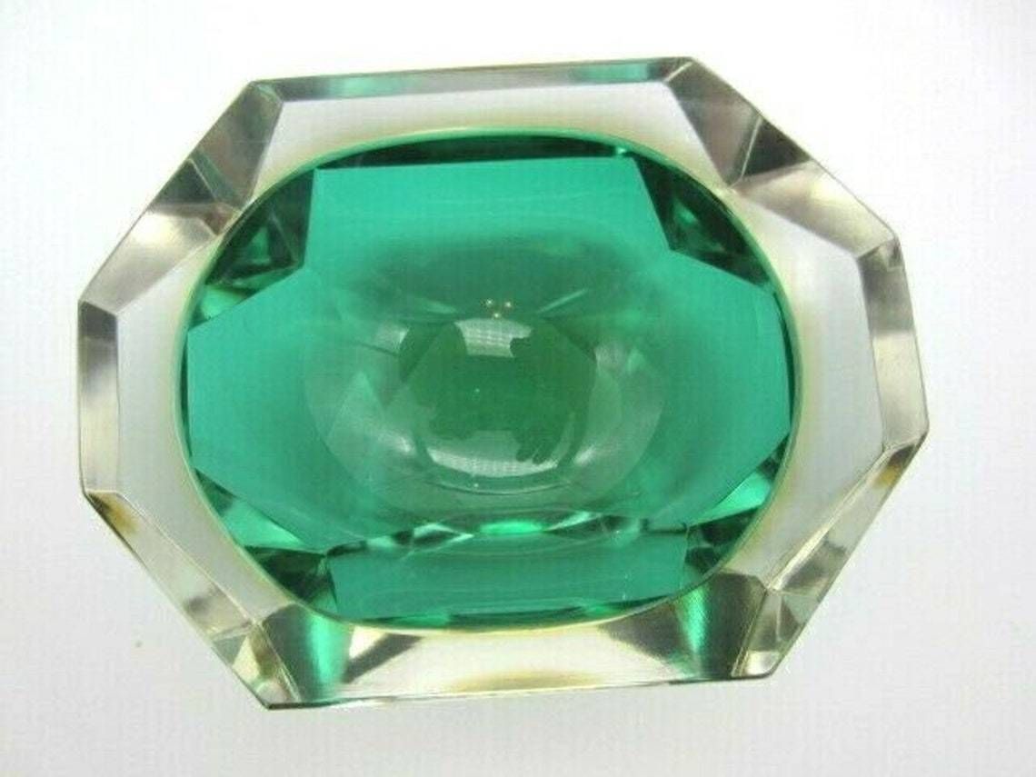 Faceted Green Amber Murano Sommerso Diamond Cut Glass Bowl Poli Mandruzzato Era photo buy