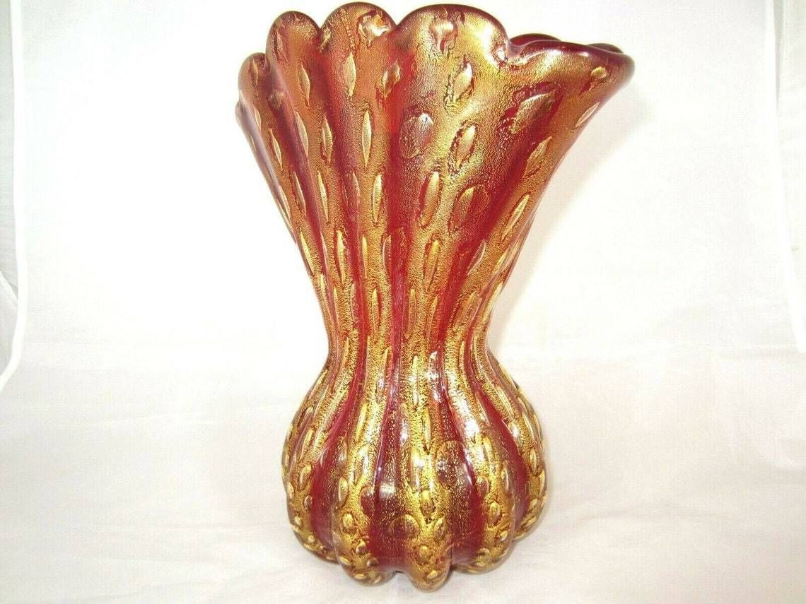 Murano 12in Barovier And Toso Cordonato Doro Gold Red Art Glass Large Fan Vase photo for sale