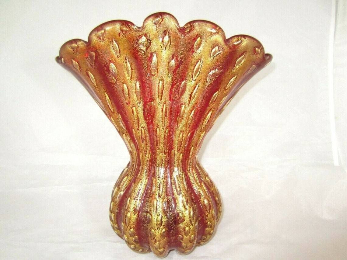 Murano 12in Barovier And Toso Cordonato Doro Gold Red Art Glass Large Fan Vase photo Home Decor