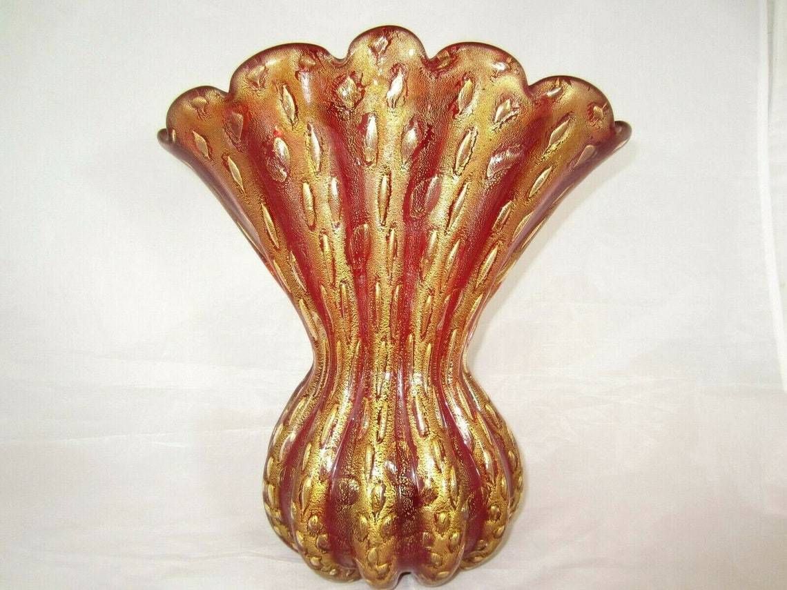 Murano 12in Barovier And Toso Cordonato Doro Gold Red Art Glass Large Fan Vase photo buy